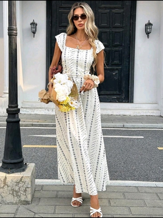 Dresses & Skirts - White Square-Neck Maxi Dress with Subtle Stripe Print NWOT
